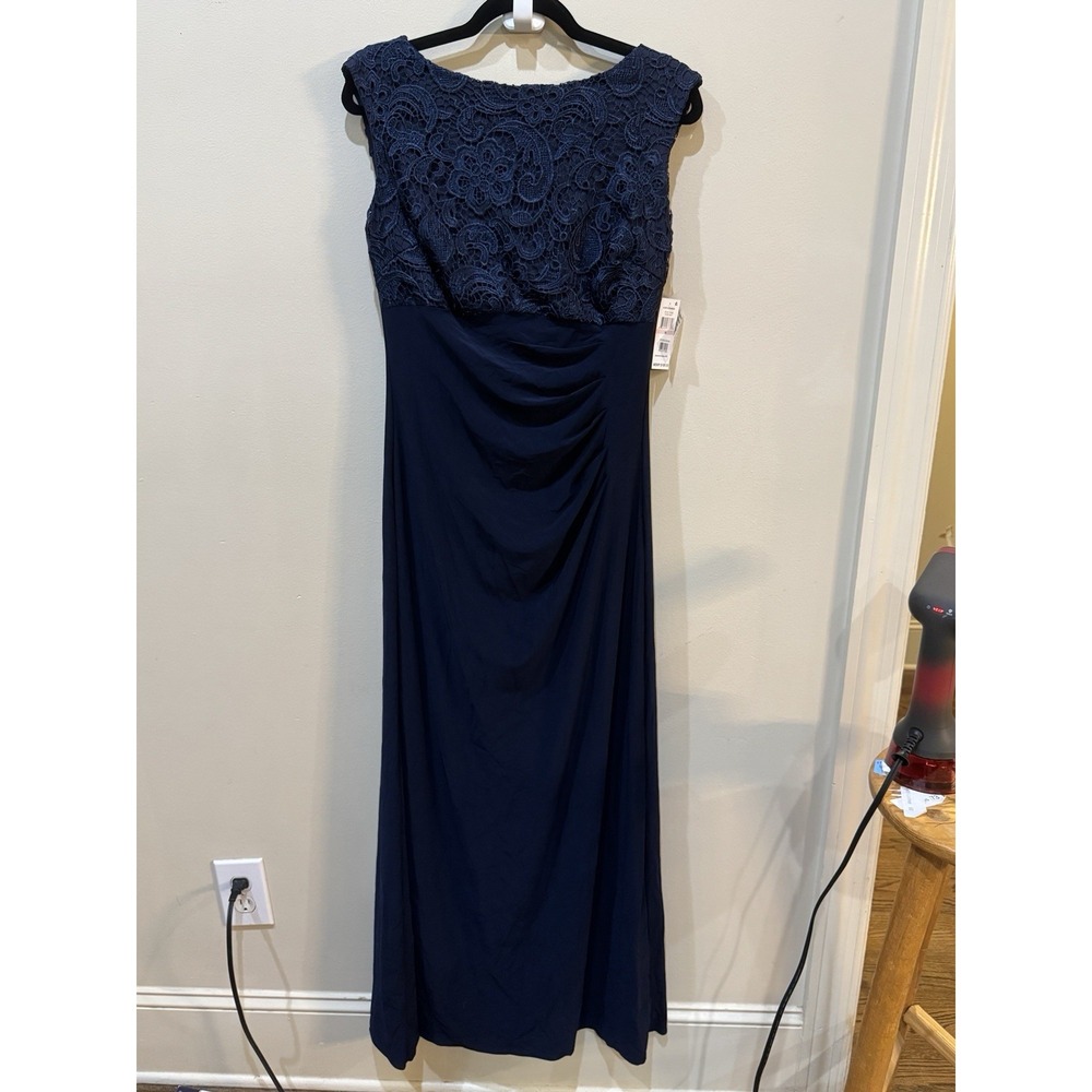 Alex Evenings navy blue gown featuring a lace bodice Size 10 Navy Cowl Back - Picture 5 of 15
